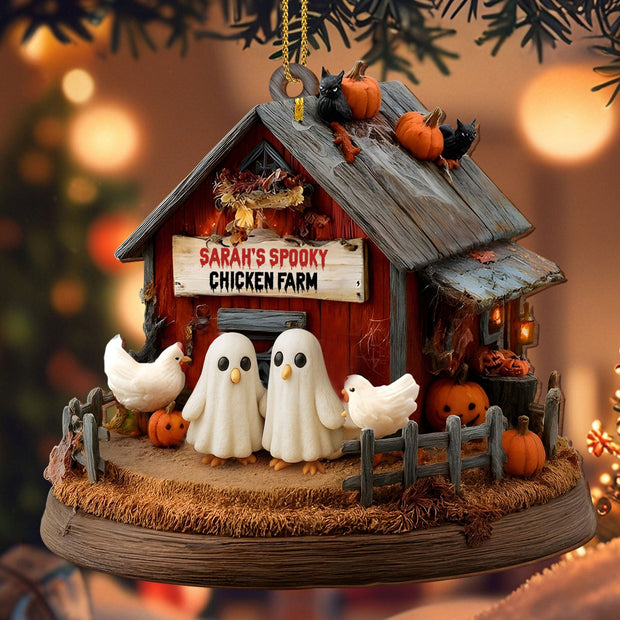 Spooky Chicken Farm - Personalized Wood Ornament - Halloween Gift For Farmers