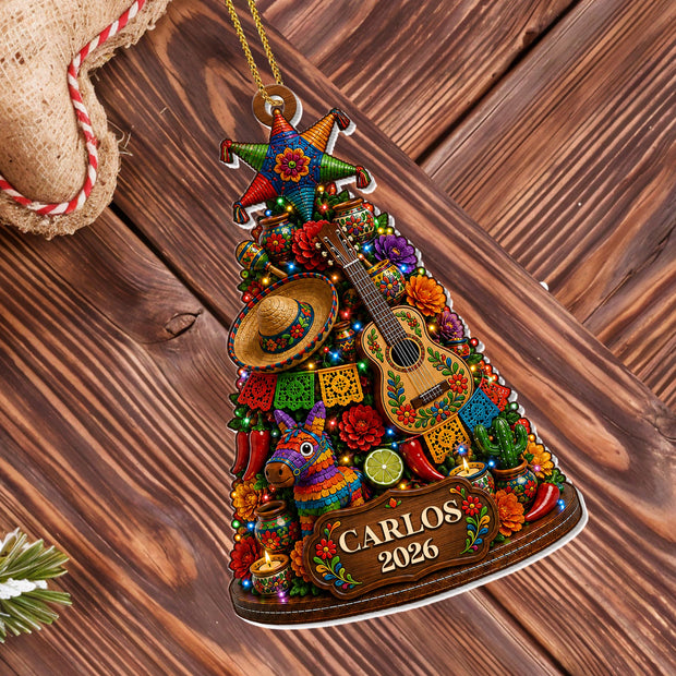 Vibrant Mexican Christmas Tree - Personalized Wood Ornament - Christmas Gift For Friends
