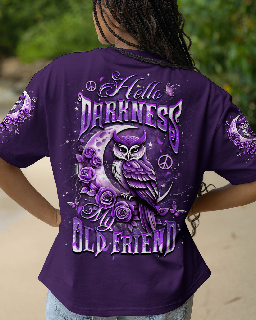 Hello Darkness My Old Friend Purple Owl Moon Rose Graphic Tee for Women AOP Shirts _1_ OZnfB