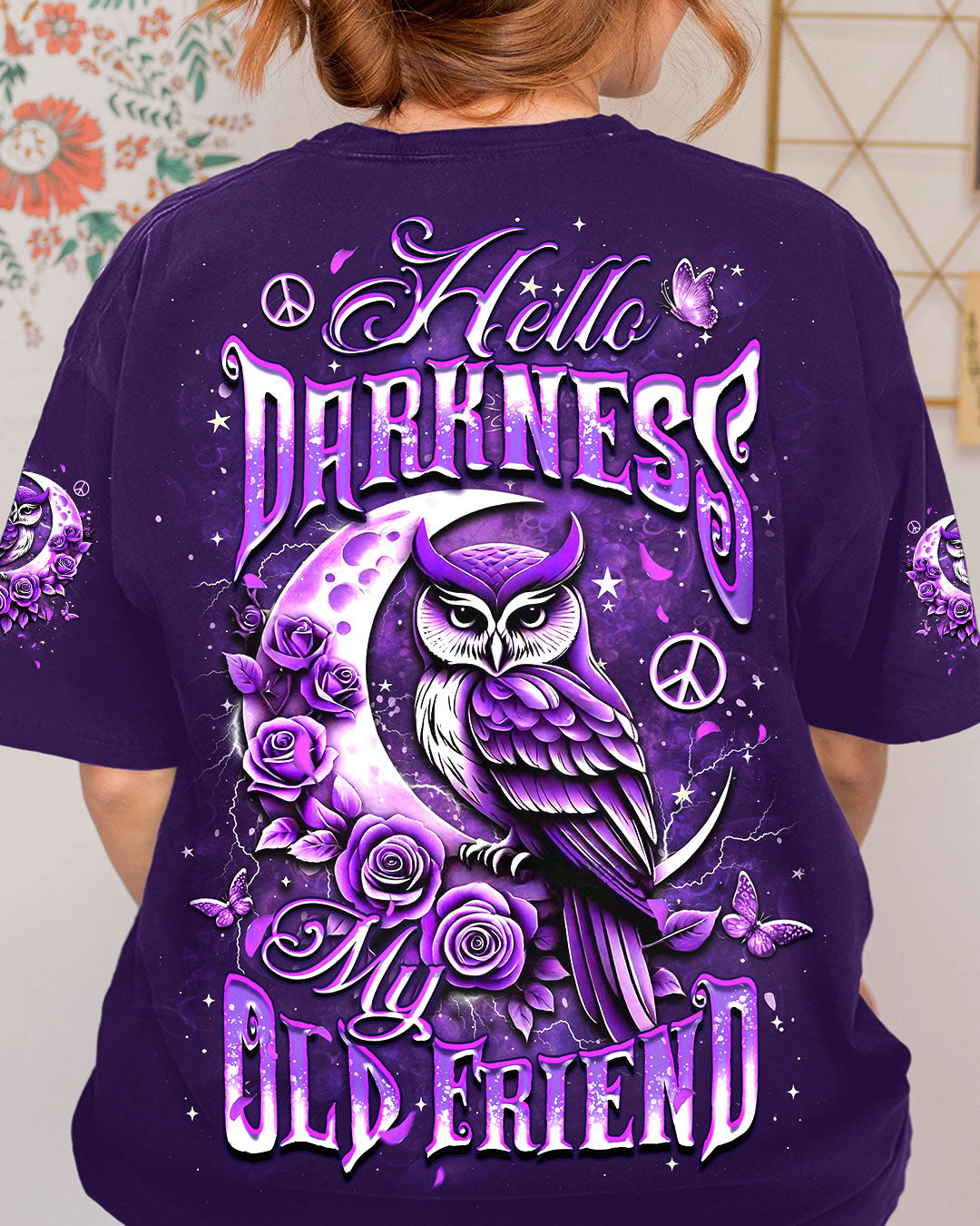 Hello Darkness My Old Friend Purple Owl Moon Rose Graphic Tee for Women AOP Shirts _3_ sDvOQ