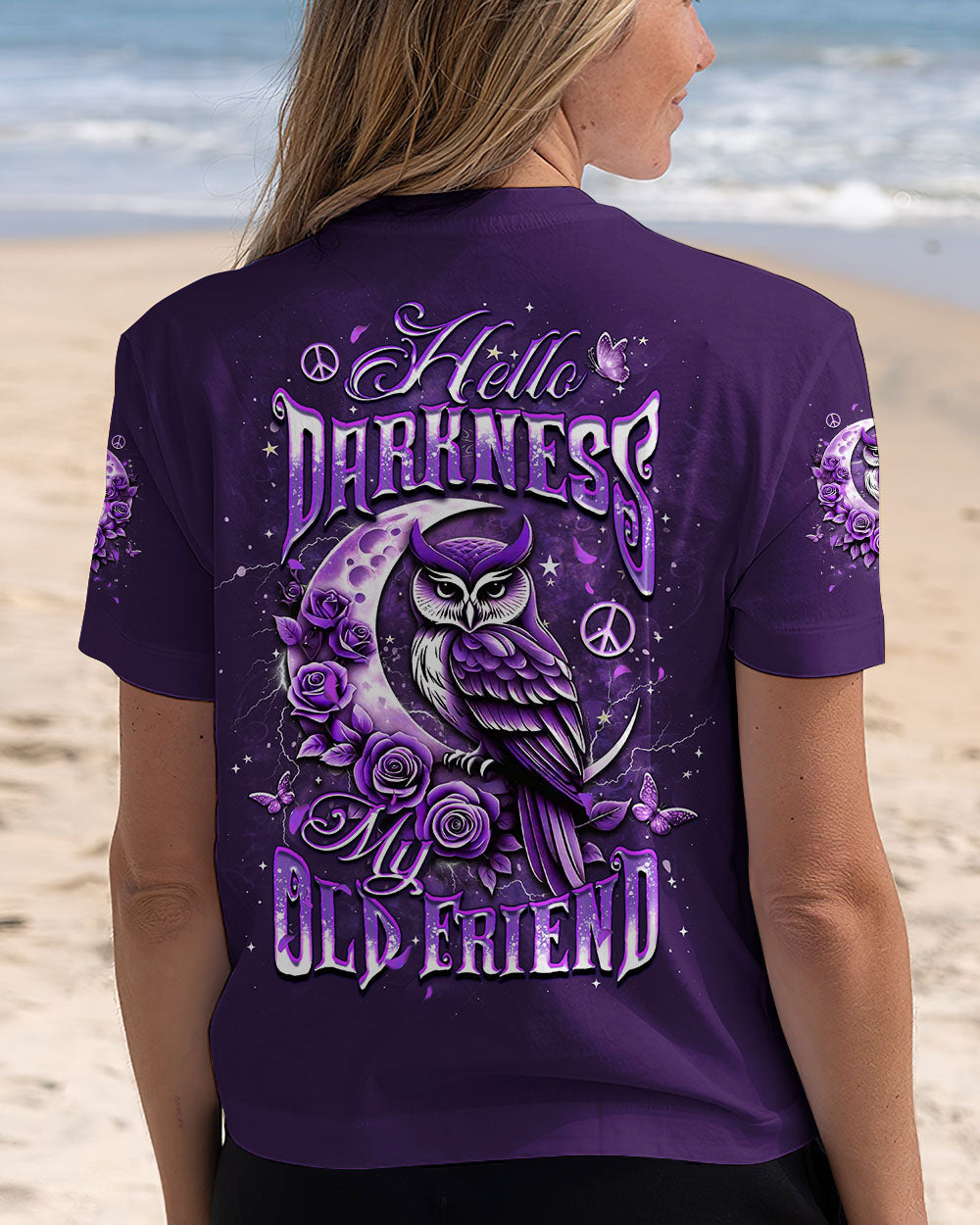 Hello Darkness My Old Friend Purple Owl Moon Rose Graphic Tee for Women AOP Shirts _5_ p8Wl3