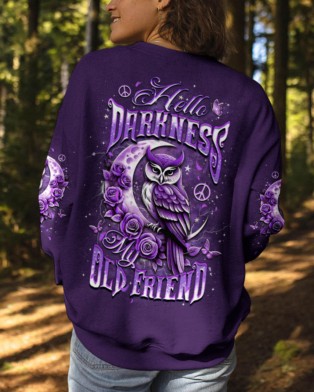 Hello Darkness My Old Friend Purple Owl Moon Rose Graphic Tee for Women AOP Shirts _9_ 1XMKL