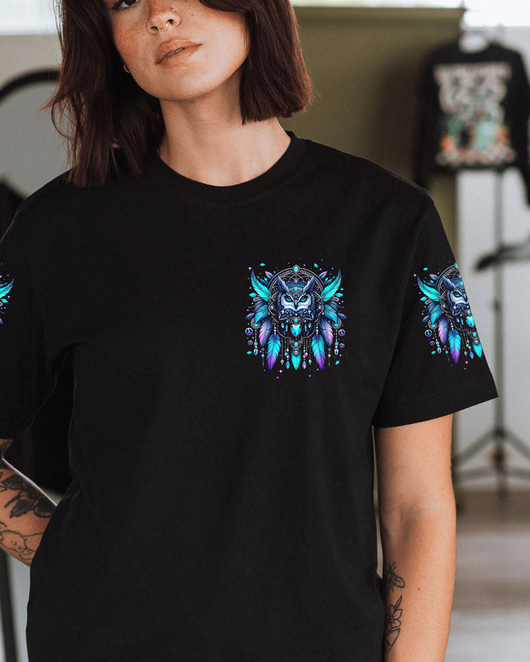 Hello Darkness Owl Friend Mystical Owl Design with Feathers _26 Gemstones AOP Shirts _14_ ryX5R