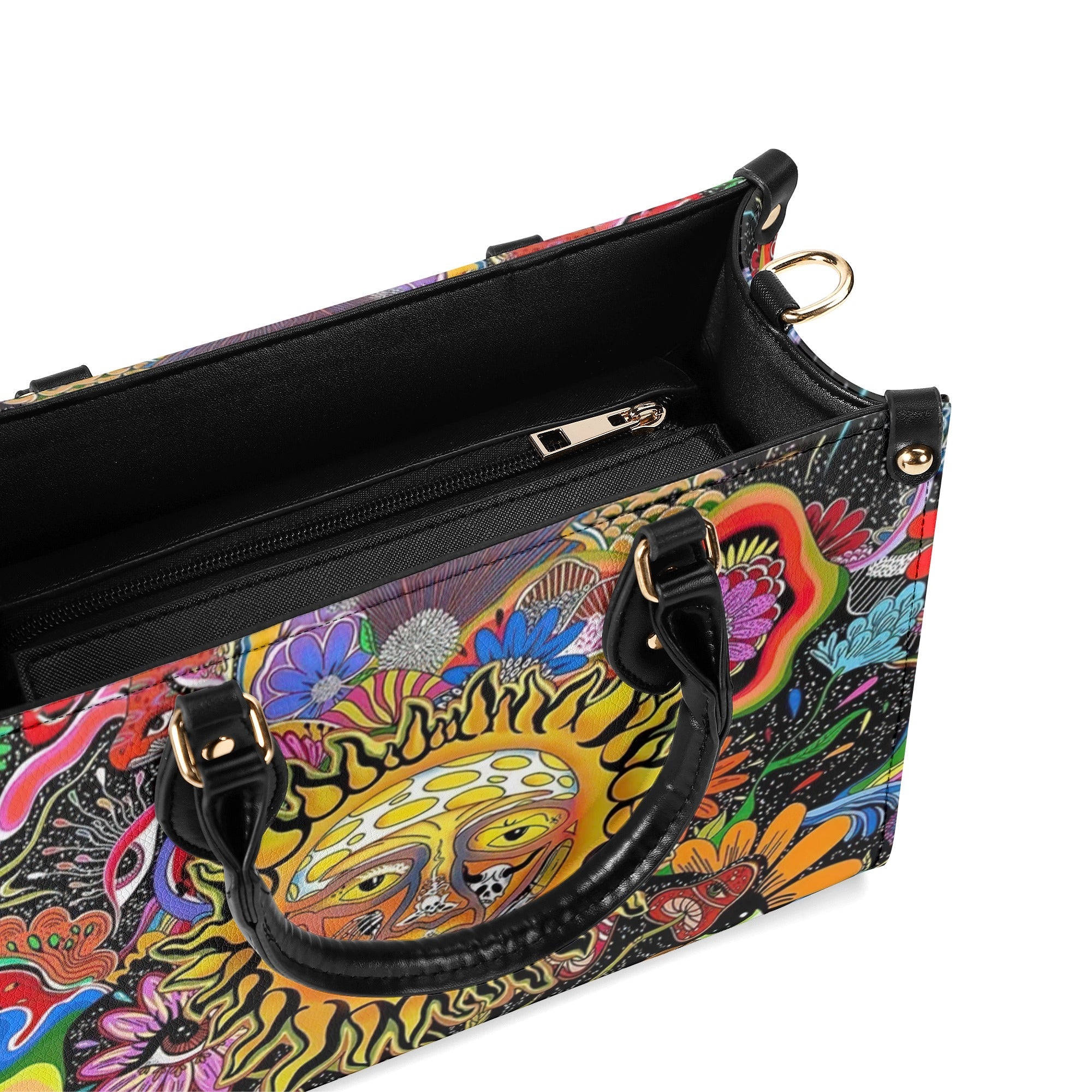 Hippie Psychedelic Sun Face With Flowers Trippy Boho Leather Bag Gift for Women _4_ XaBxA