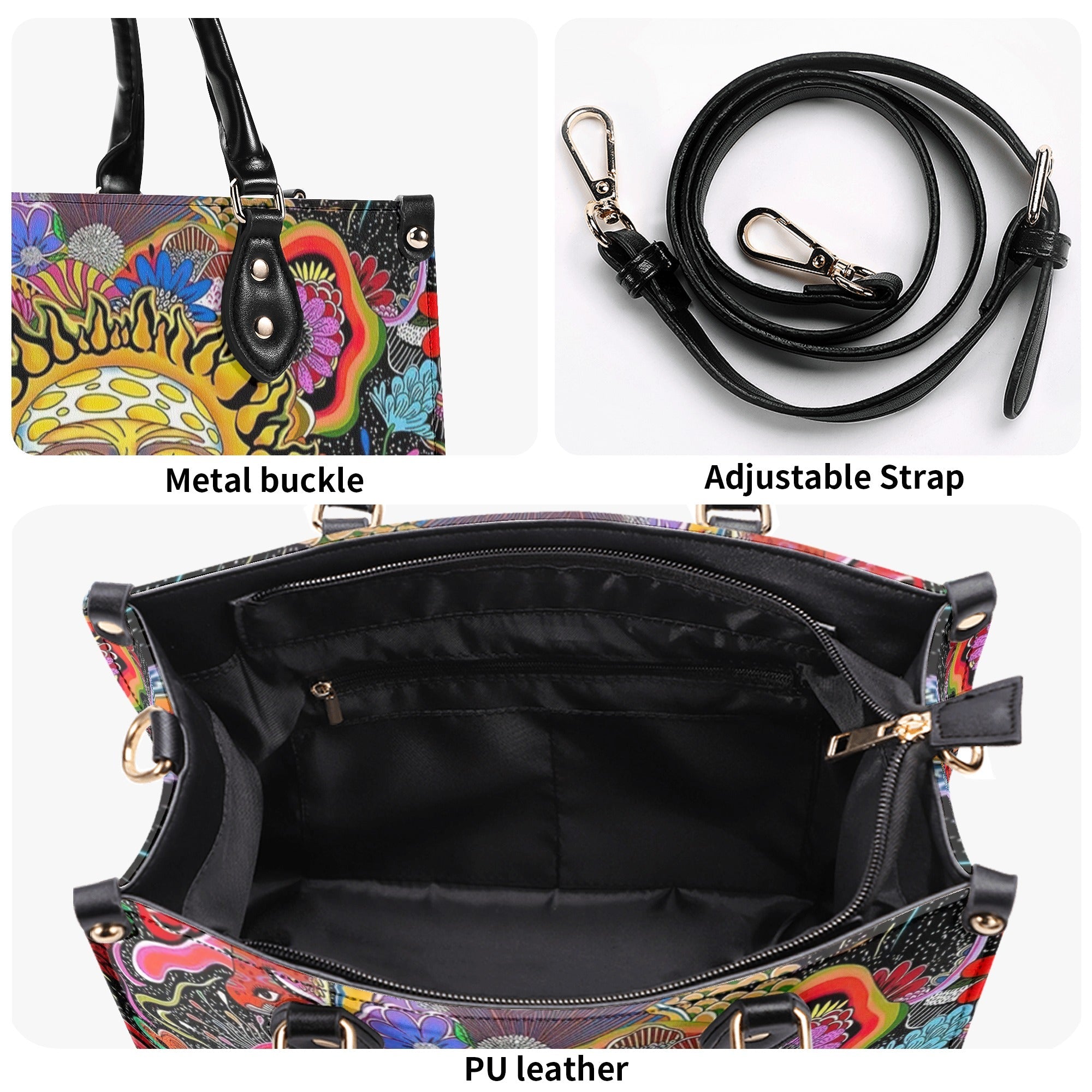 Hippie Psychedelic Sun Face With Flowers Trippy Boho Leather Bag Gift for Women _5_ uj6pz