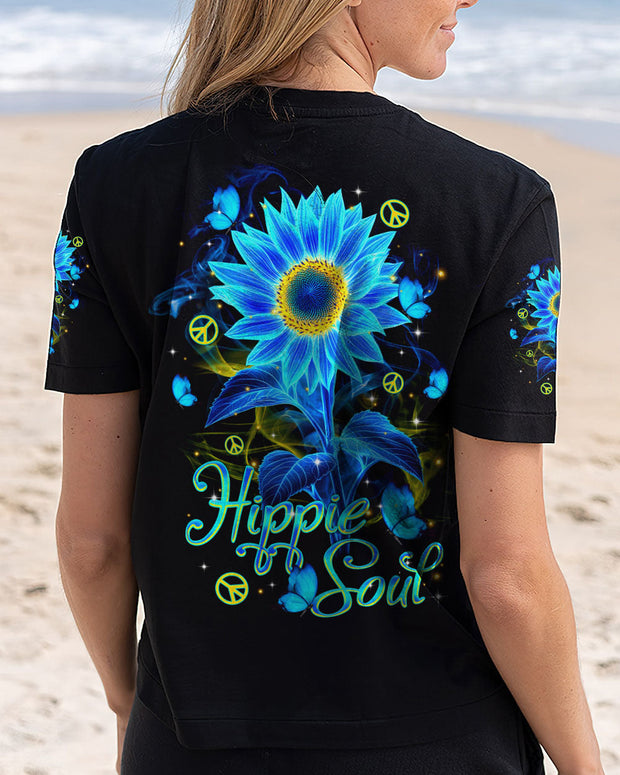 Hippie Soul - Blue Sunflower and Peace Signs Graphic - AOP Shirts