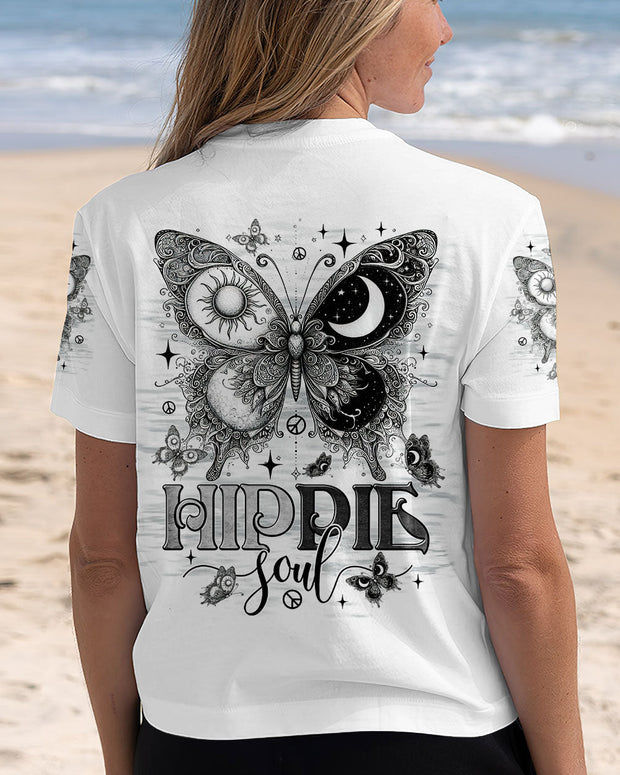 Hippie Soul Butterfly - Black & White Sun and Moon Tee for Women - AOP Shirts