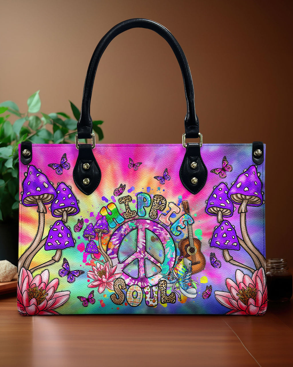 Hippie Soul Mushroom Tie Dye Psychedelic Colorful Peace Sign Hippie Leather Bag _1_ Z9nIz