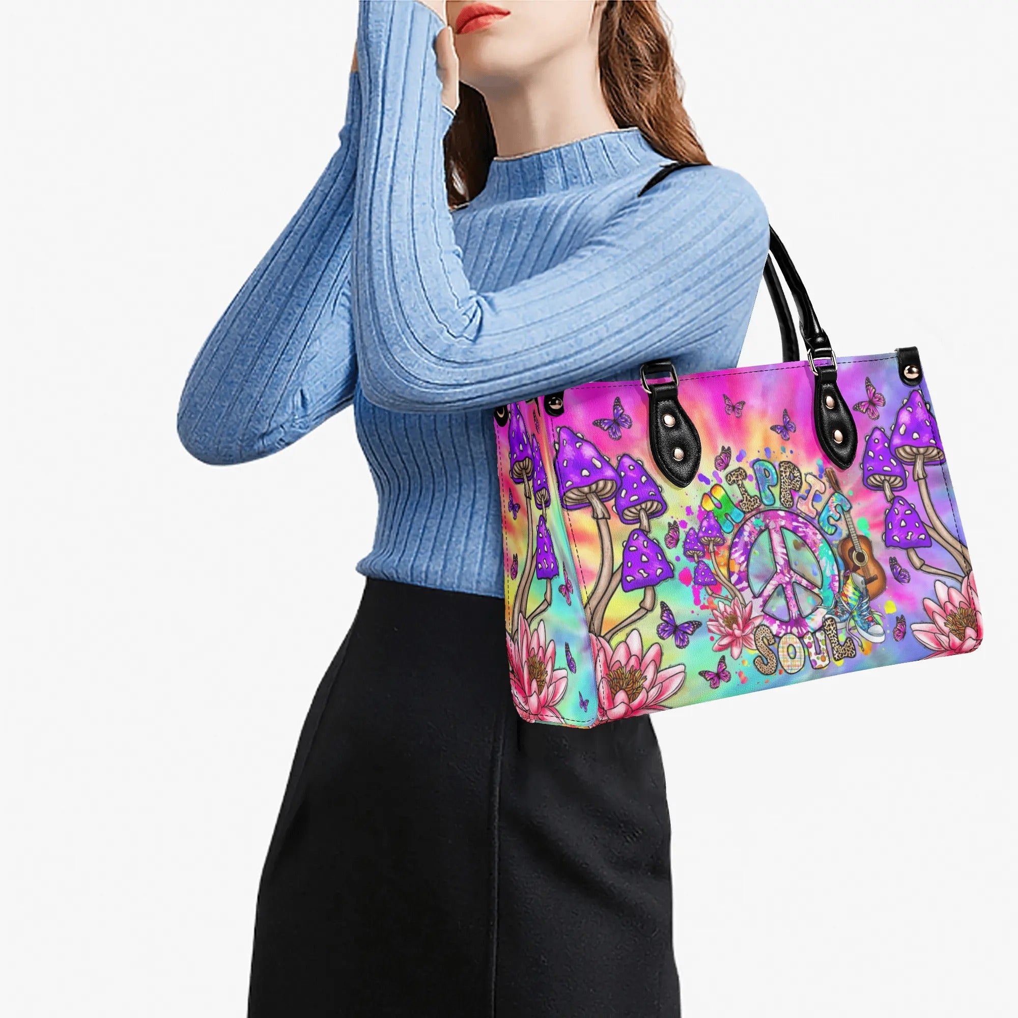 Hippie Soul Mushroom Tie Dye Psychedelic Colorful Peace Sign Hippie Leather Bag _5_ jJ7tD