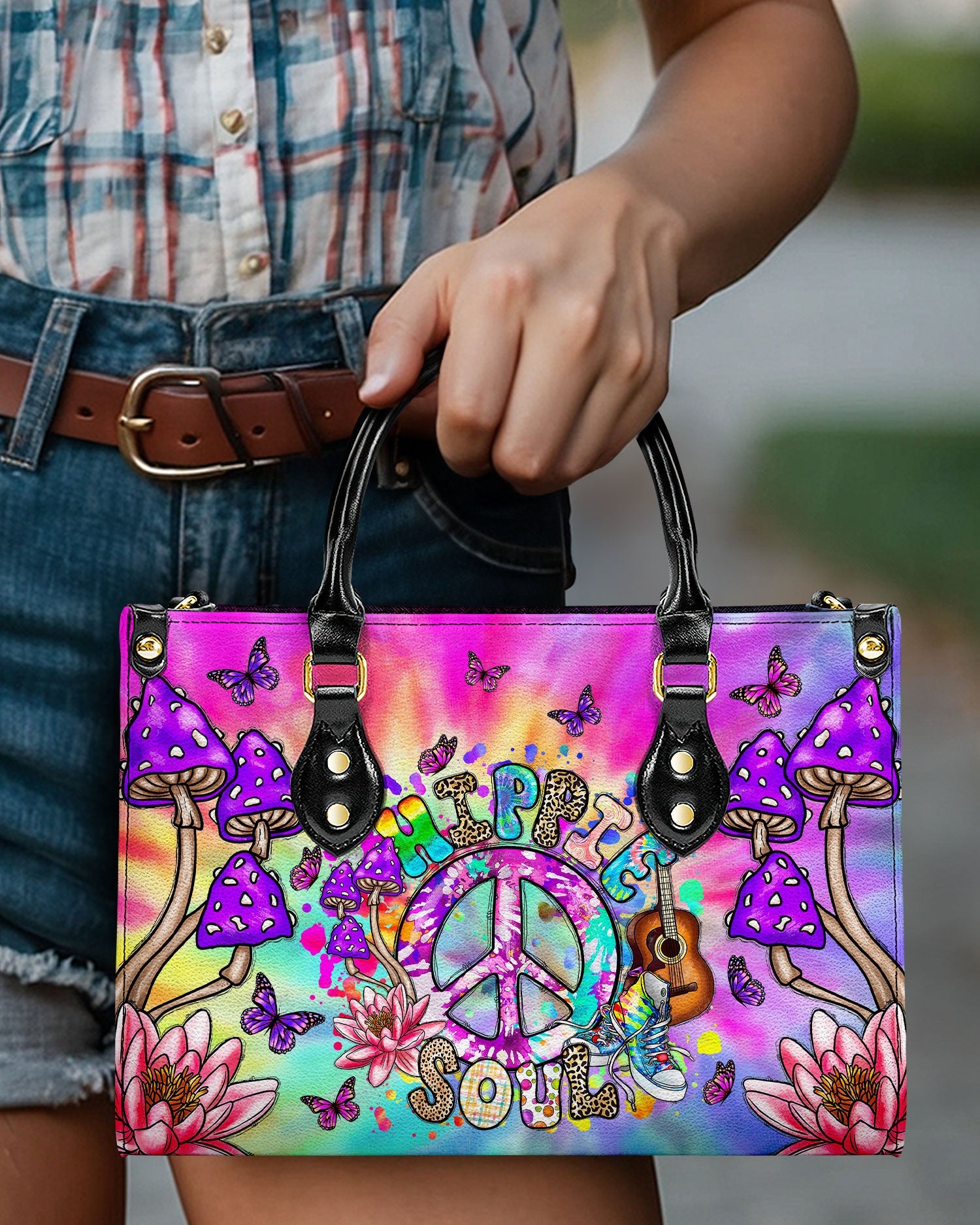 Hippie Soul Mushroom Tie Dye Psychedelic Colorful Peace Sign Hippie Leather Bag _7_ oEmFO