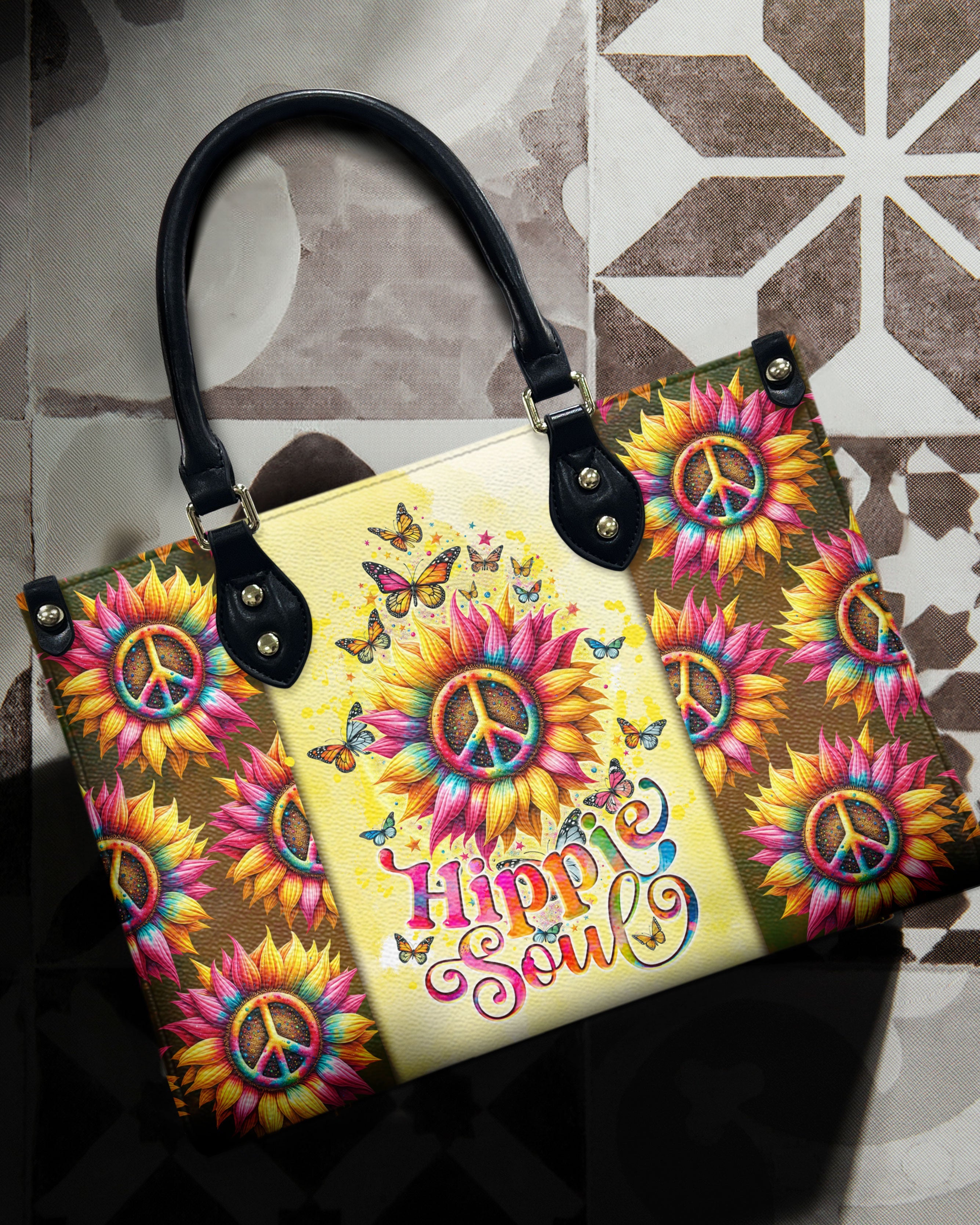 Hippie Soul Sunflower Peace with Butterflies Hippie Leather Bag for Women _3_ 03uOI
