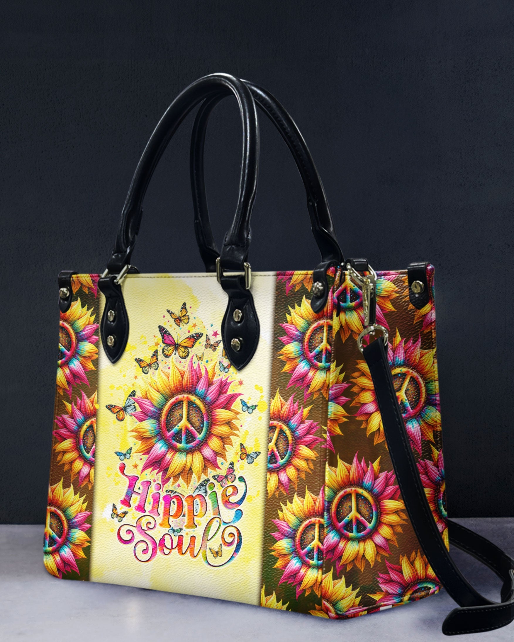 Hippie Soul Sunflower Peace with Butterflies Hippie Leather Bag for Women _5_ doGj2