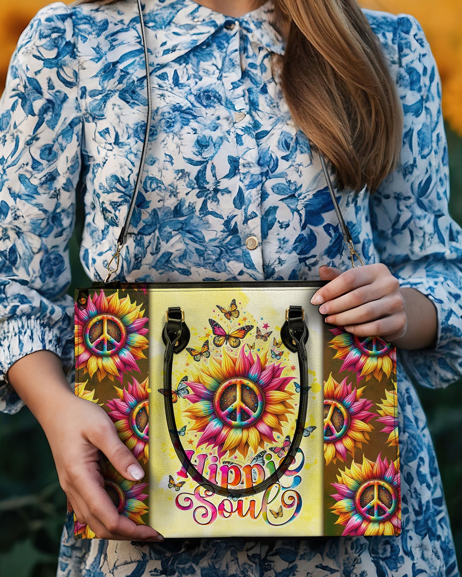 Hippie Soul Sunflower Peace with Butterflies Hippie Leather Bag for Women _6_ DEmon