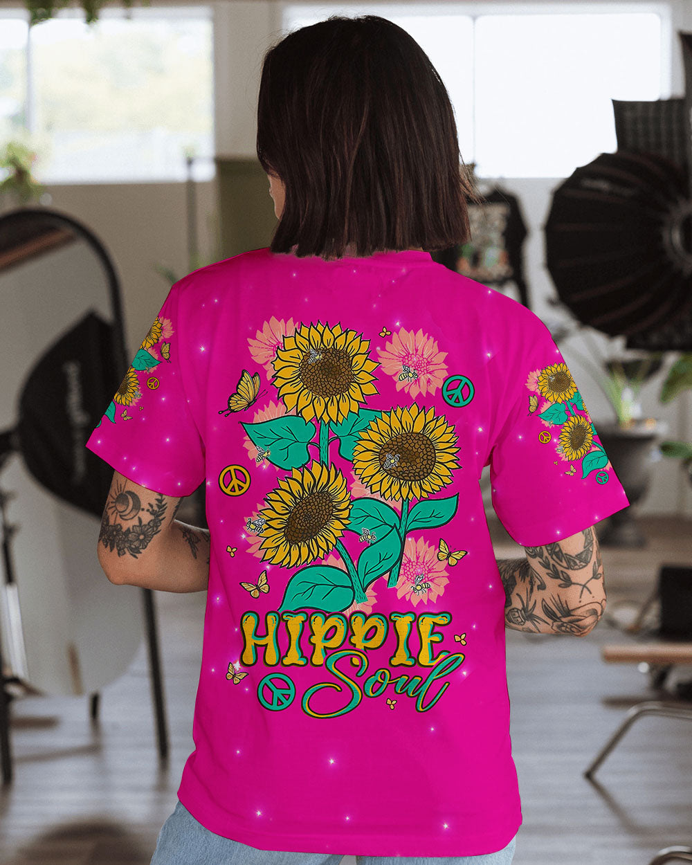 Hippie Soul Sunflowers with Peace Signs Bright Pink Graphic AOP Shirts _11_ UFhRj