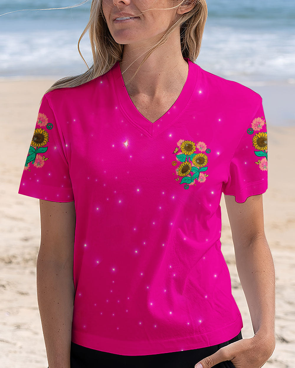 Hippie Soul Sunflowers with Peace Signs Bright Pink Graphic AOP Shirts _12_ INYcm