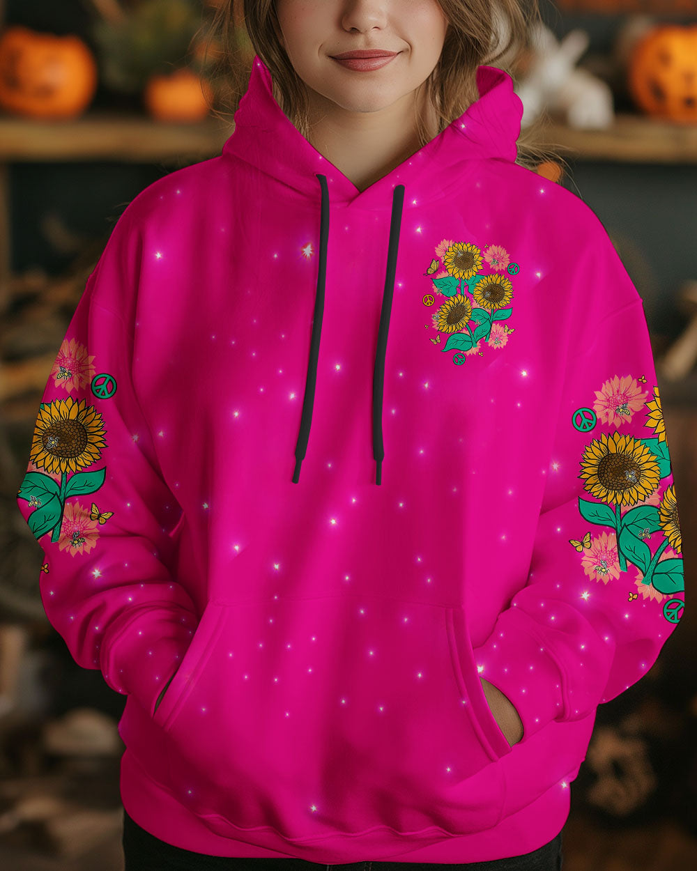 Hippie Soul Sunflowers with Peace Signs Bright Pink Graphic AOP Shirts _14_ 5dzt7