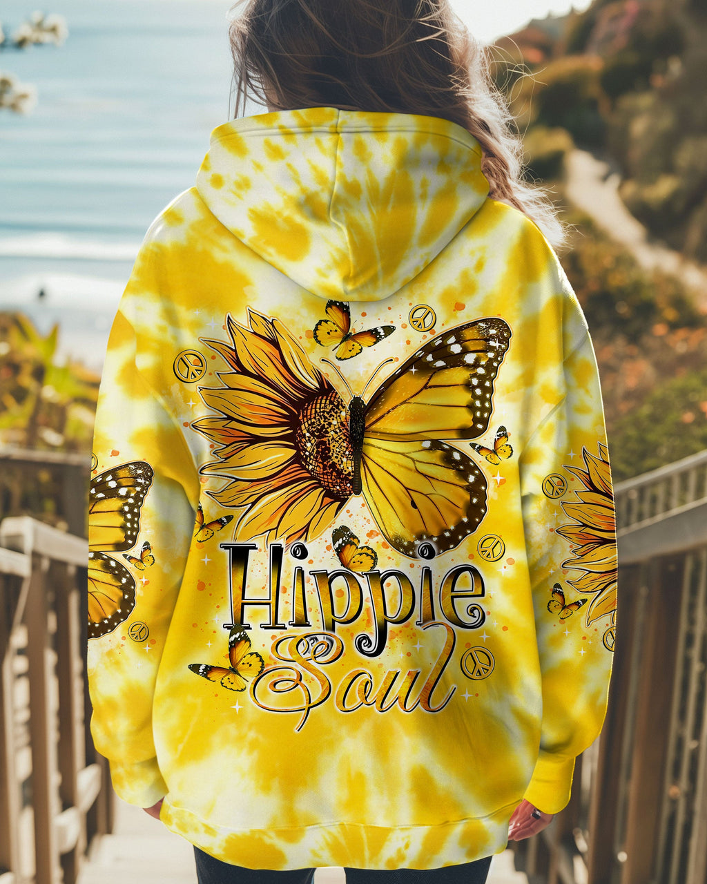 Hippie Soul Yellow Tie Dye Peace Signs and Sunflower Butterfly AOP Shirts _1_ Ae5wK