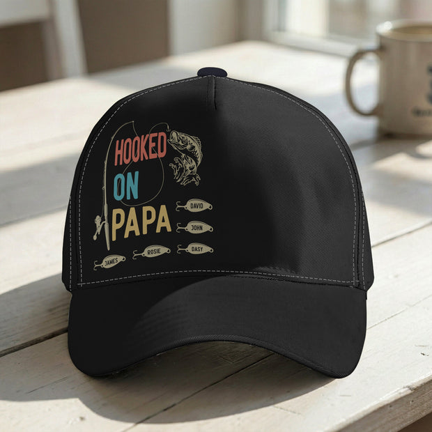 Hooked On Papa, Dad Custom Name Gift For Fisherman - Personalized Cap
