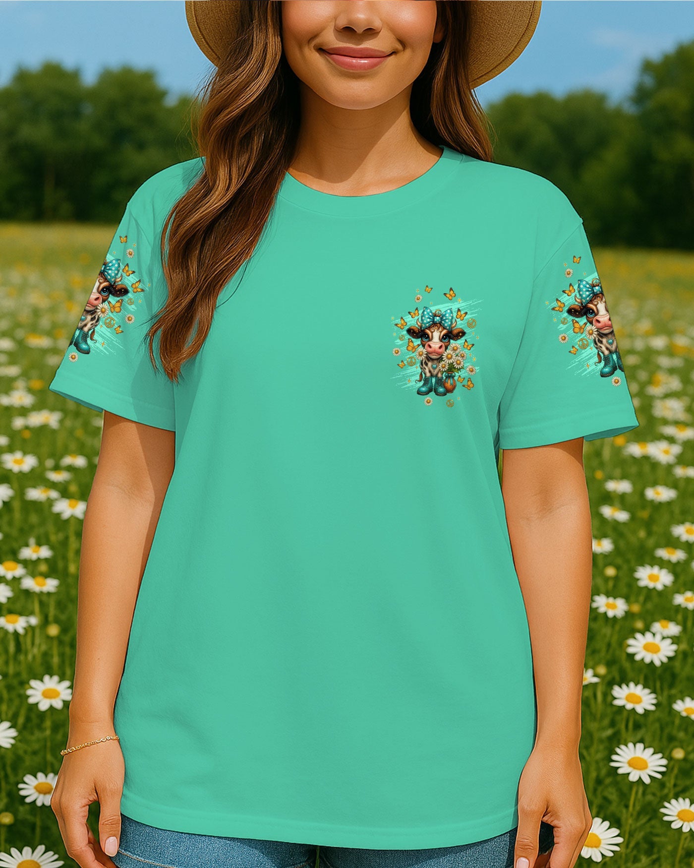 Hot Mess Im A Spicy Disaster Cow Design with Butterflies _26 Daisies AOP Shirts _2_ a9Yzh