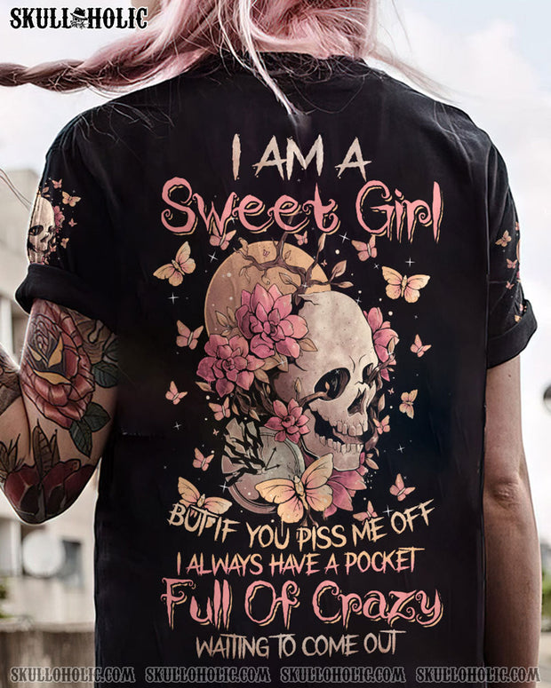 I Am a Sweet Girl Full of Crazy - Funny Skull and Butterfly Graphic Tee for Women - AOP Shirts