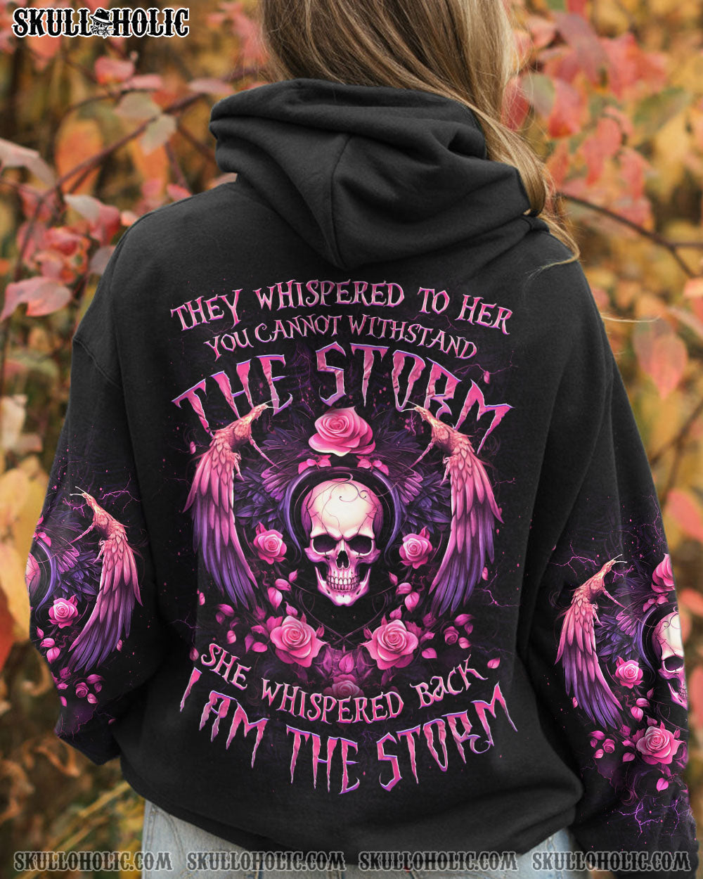I Am the Storm She Whispered Back Pink Skull Wings and Roses Graphic AOP Shirts _1_ l3SJv