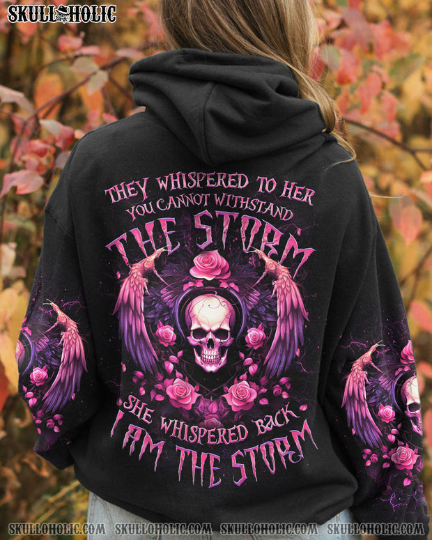 I Am the Storm She Whispered Back - Pink Skull Wings and Roses Graphic - AOP Shirts QT5110101