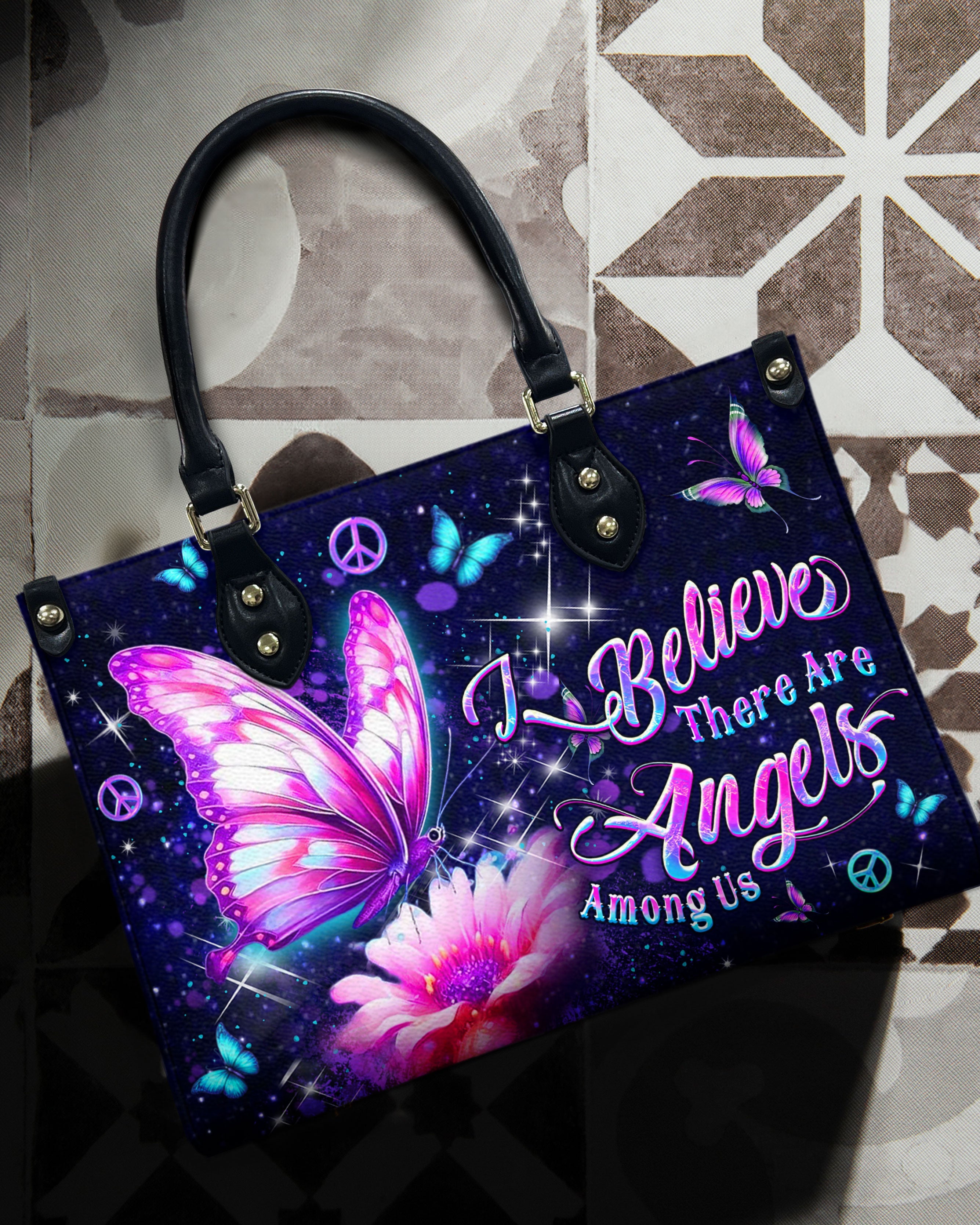 I Believe Angels Are Among Us Purple Butterfly Peace Symbol Hippie Leather Bag _10_ 10YNC