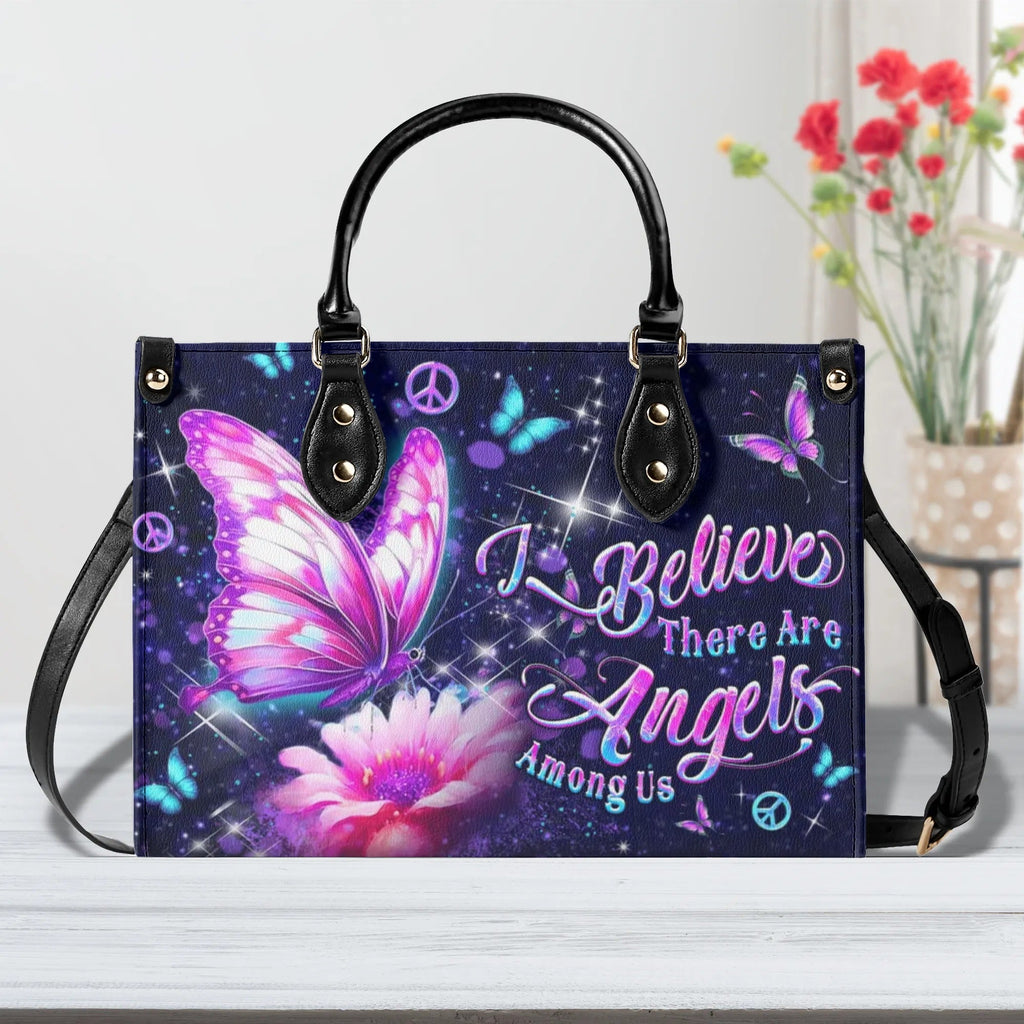 I Believe Angels Are Among Us Purple Butterfly Peace Symbol Hippie Leather Bag _1_ 1l6bs