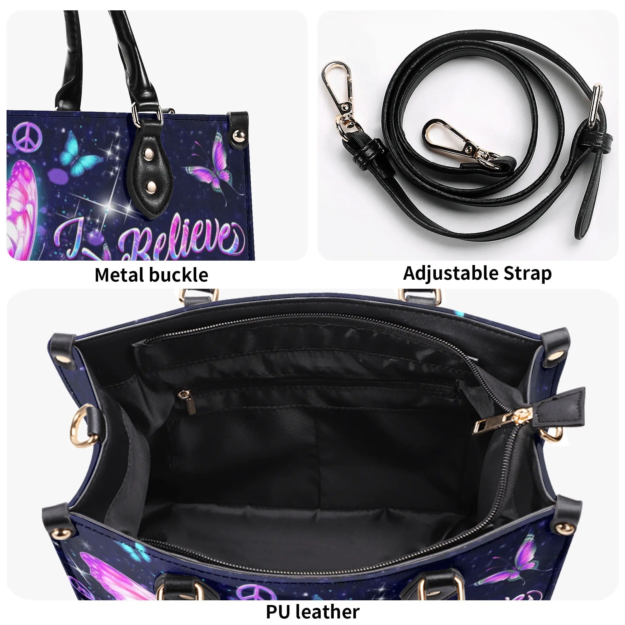 I Believe Angels Are Among Us Purple Butterfly Peace Symbol Hippie Leather Bag _6_ dJjHZ