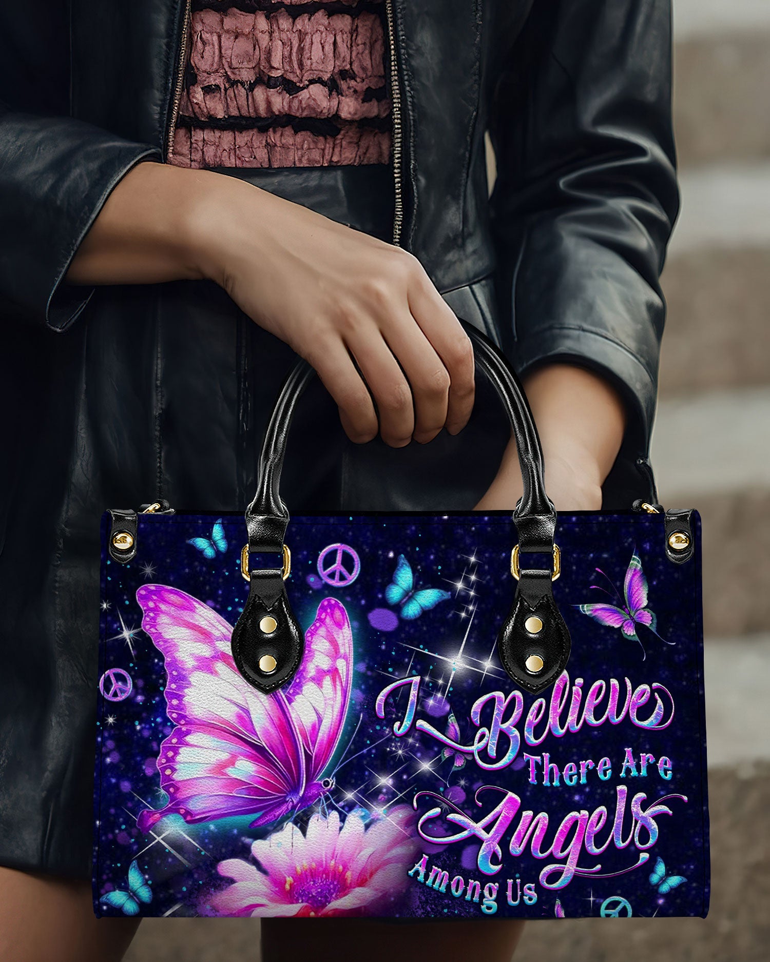 I Believe Angels Are Among Us Purple Butterfly Peace Symbol Hippie Leather Bag _7_ cUJHg