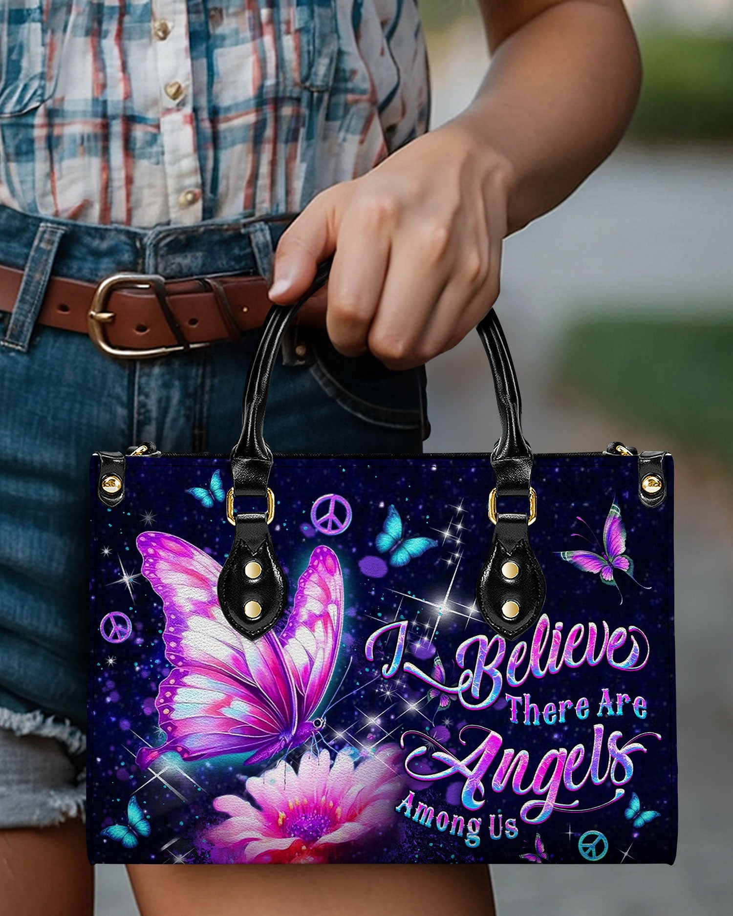 I Believe Angels Are Among Us Purple Butterfly Peace Symbol Hippie Leather Bag _9_ NKZJZ