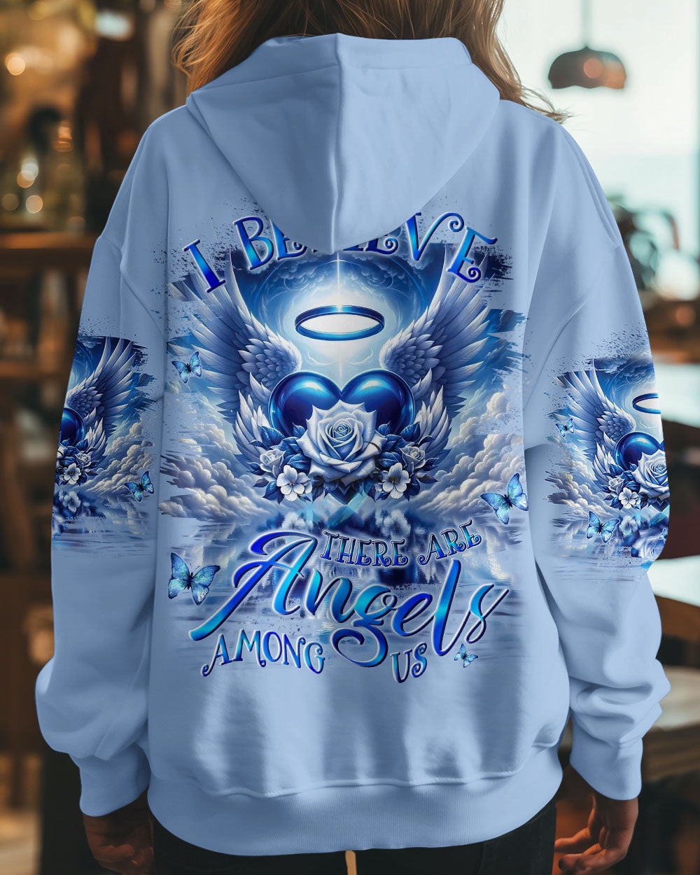 I Believe There Are Angels Among Us Blue Angel Wings and Halo Heart Design AOP Shirts _1_ 9wNSb