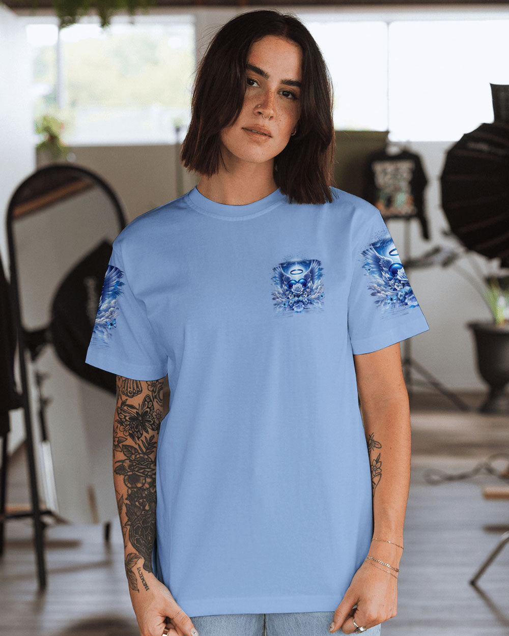 I Believe There Are Angels Among Us Blue Angel Wings and Halo Heart Design AOP Shirts _2_ EYJwq
