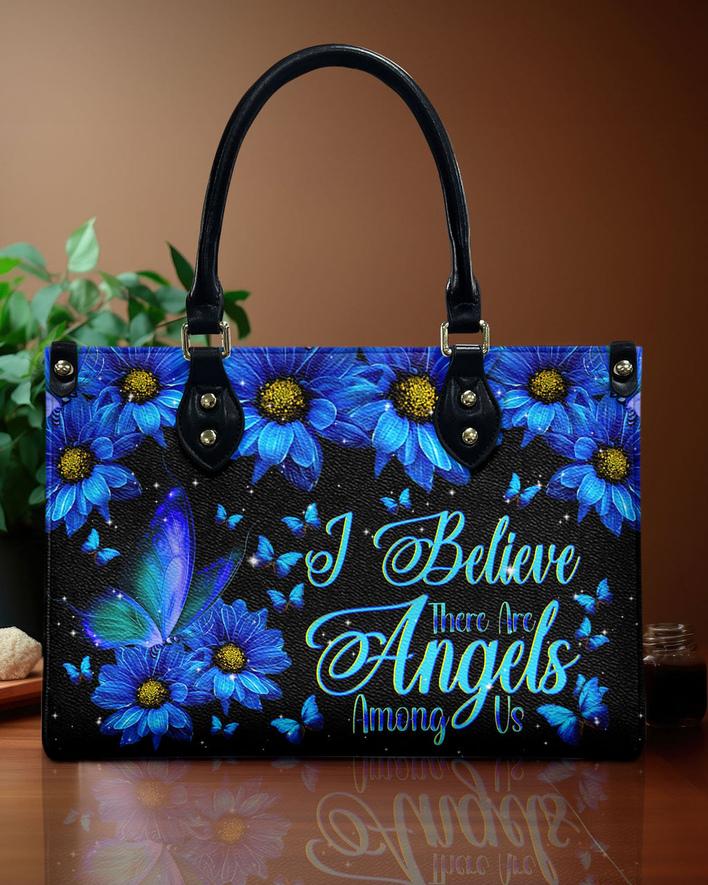 I Believe There Are Angels Among Us Blue Butterfly Floral Hippie Leather Bag _1_ iK4wk