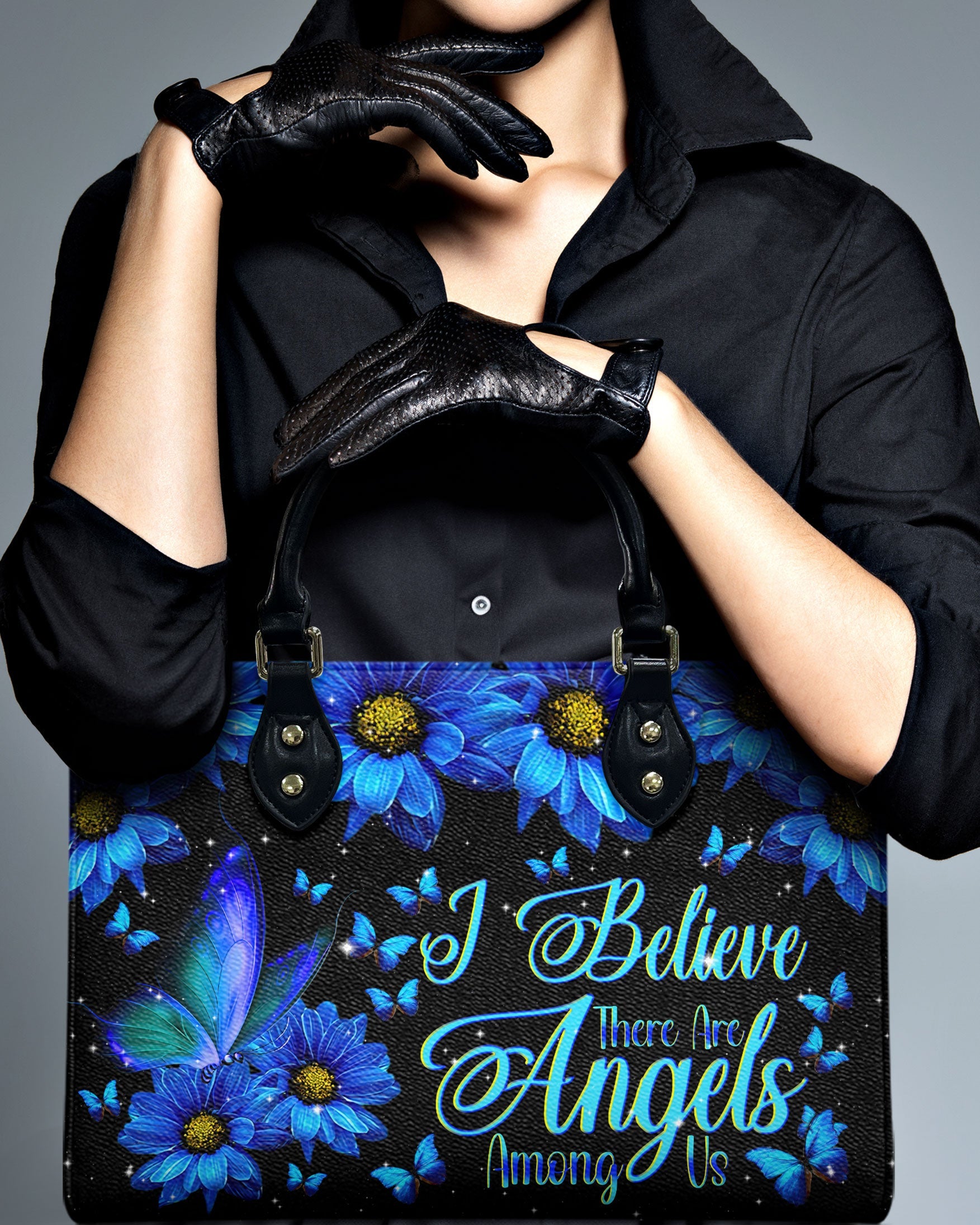 I Believe There Are Angels Among Us Blue Butterfly Floral Hippie Leather Bag _2_ yY6fN
