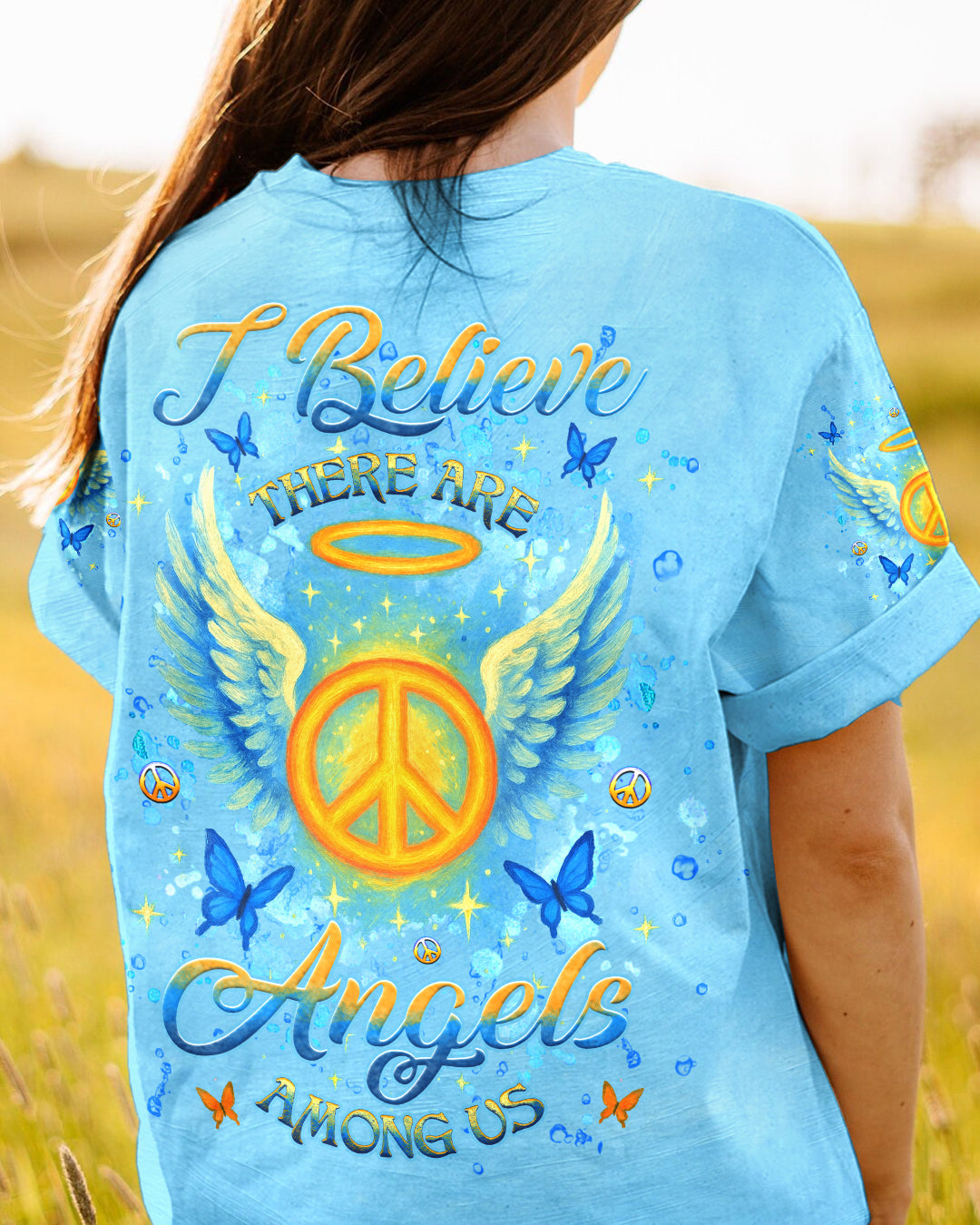 I Believe There Are Angels Among Us Blue Peace Symbol Design for Women AOP Shirts _3_ r0kZt