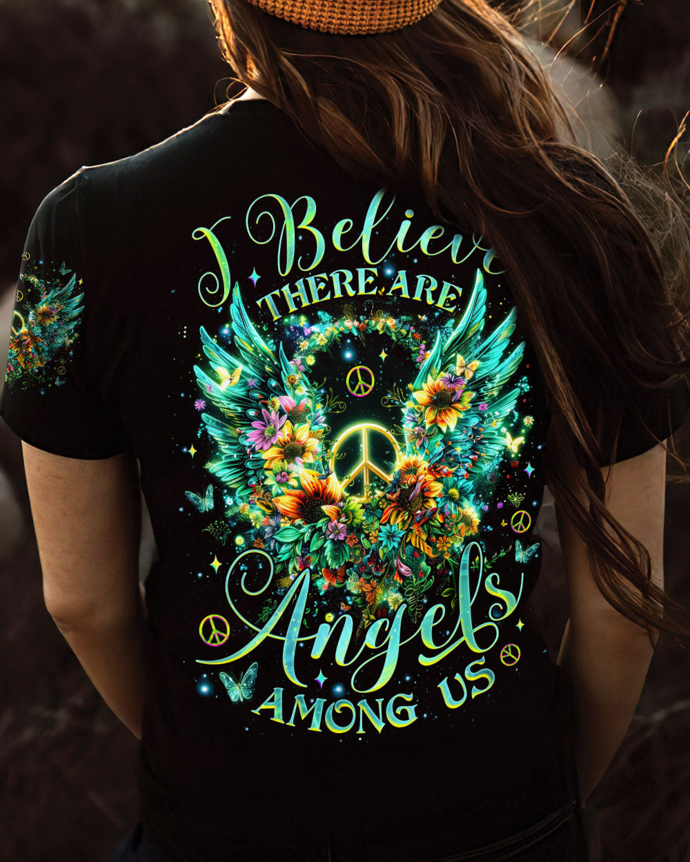 I Believe There Are Angels Among Us Butterfly Flower Wings Peace AOP Shirts _13_ fjOON