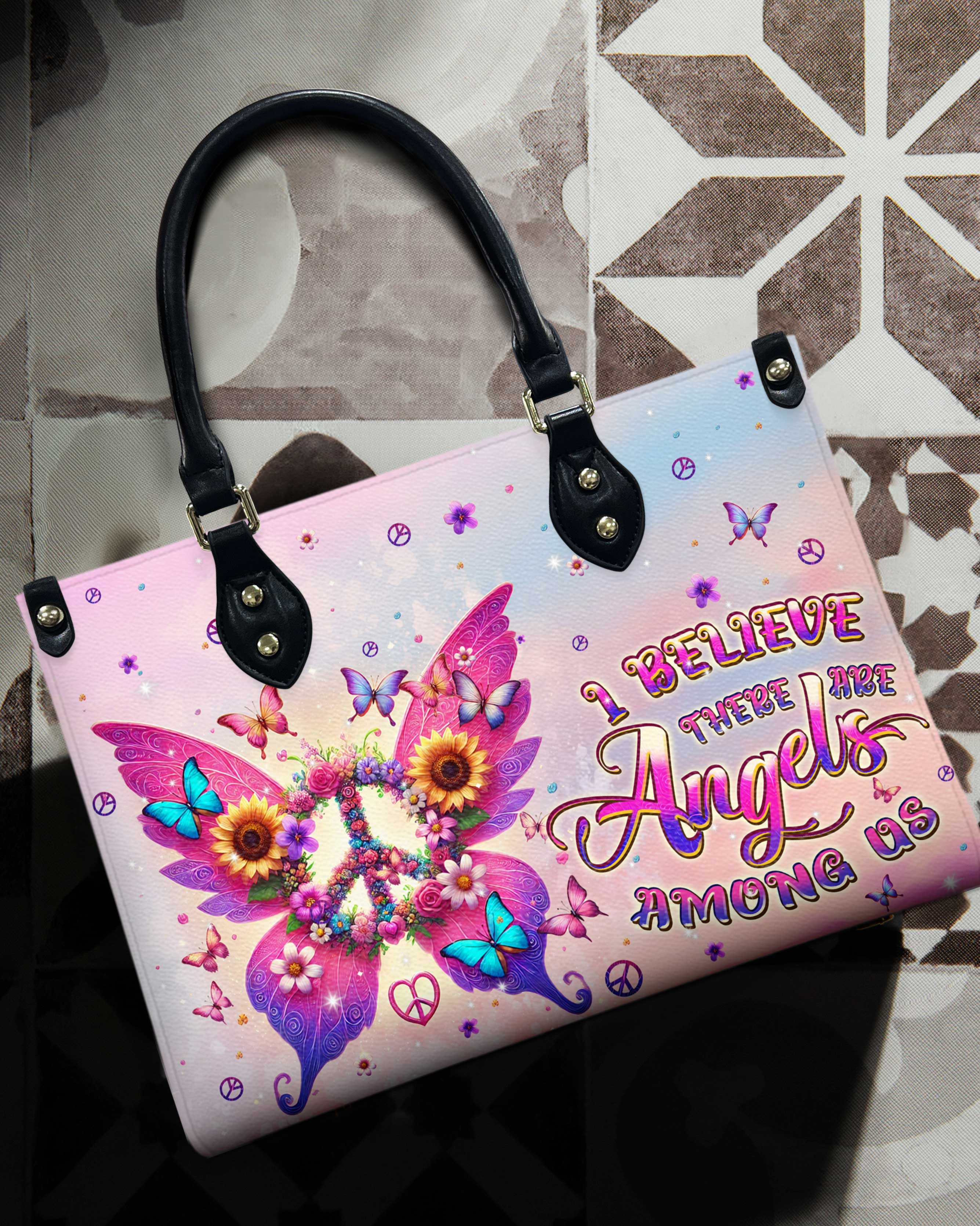 I Believe There Are Angels Among Us Butterfly Peace Sign Hippie Leather Bag _1_ 8Cf7j