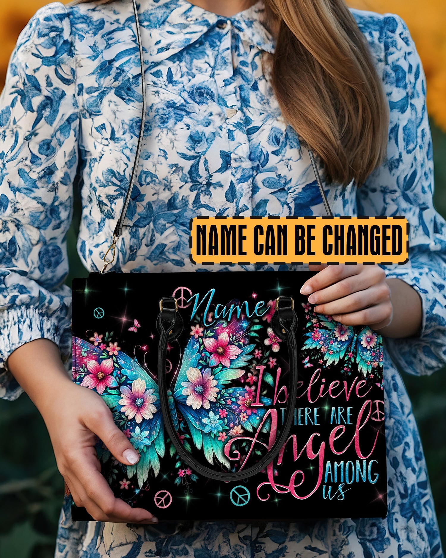 I Believe There Are Angels Among Us Floral Butterfly Inspirational Hippie Leather Bag _11_ 8euqT