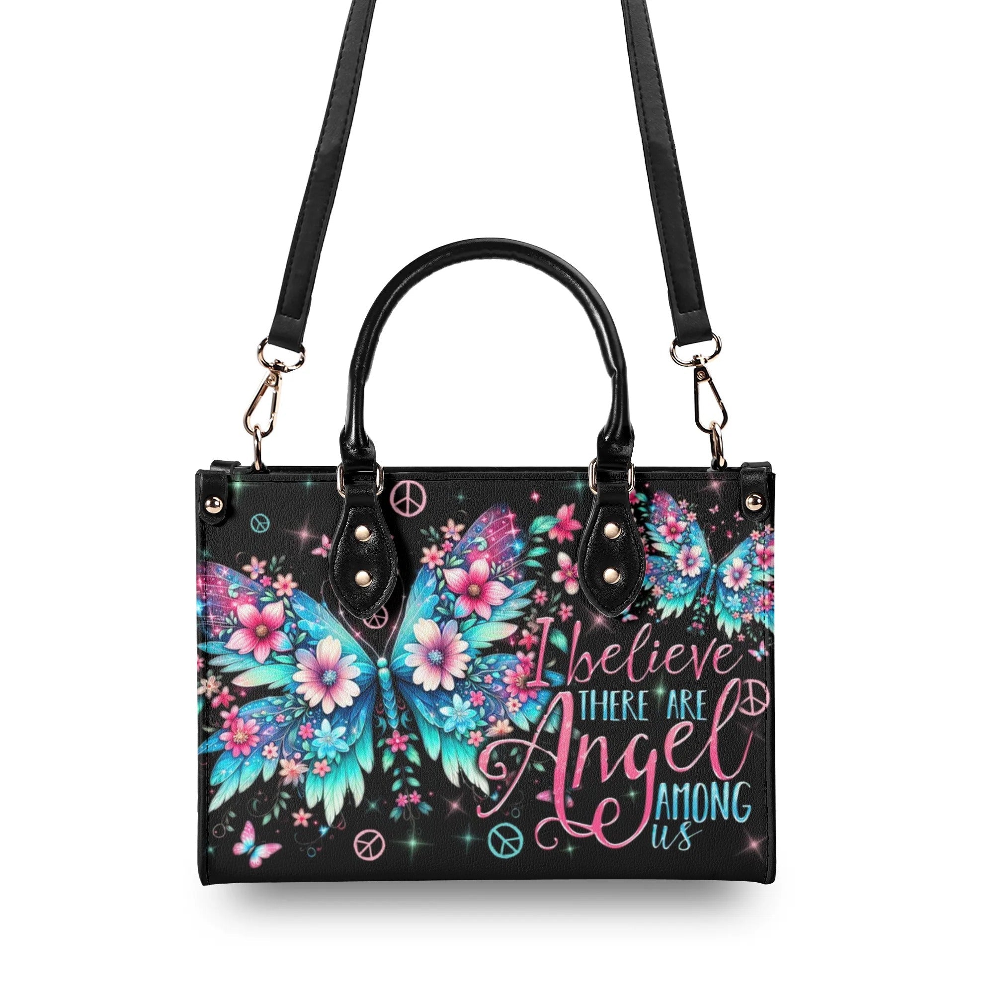 I Believe There Are Angels Among Us Floral Butterfly Inspirational Hippie Leather Bag _2_ l2eCC