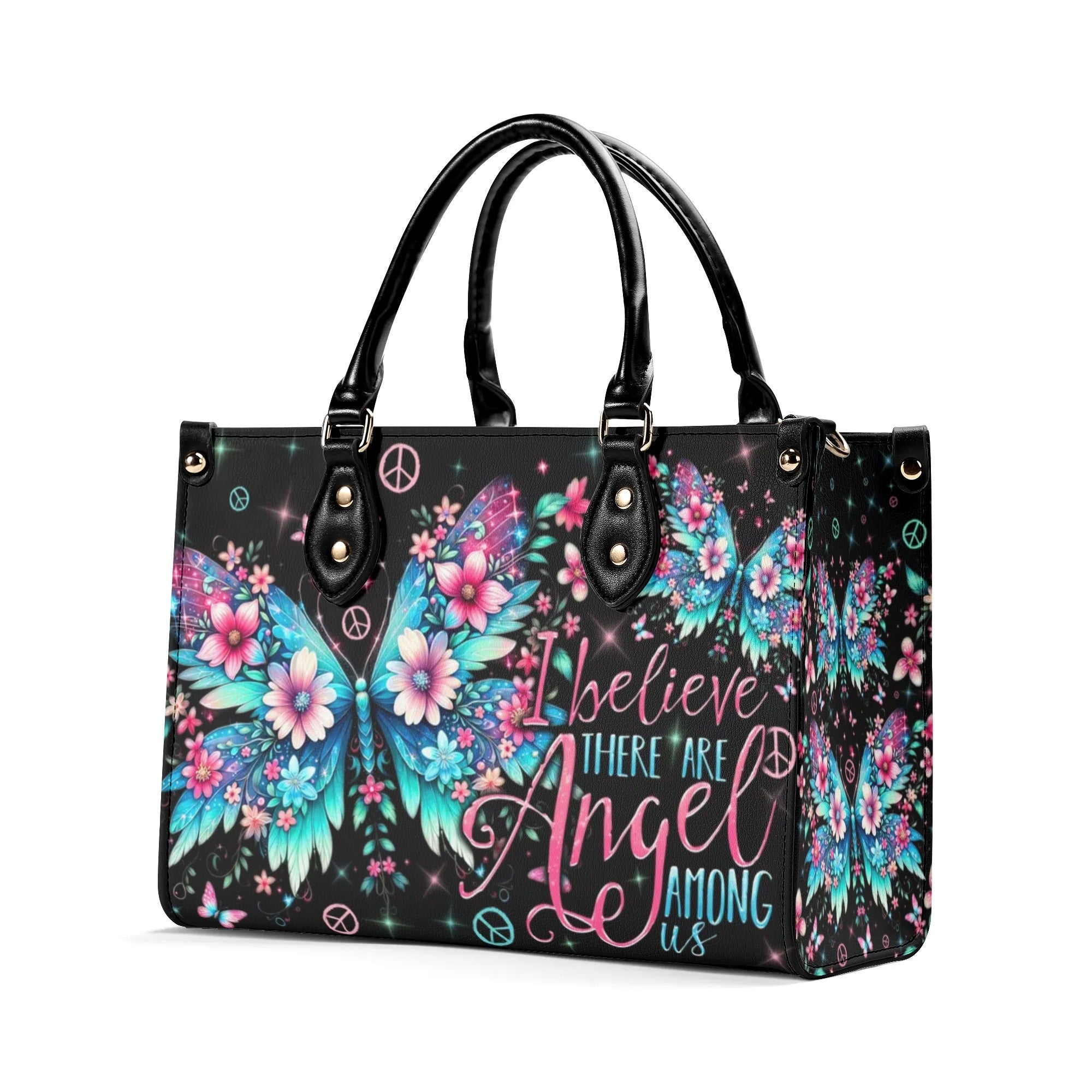 I Believe There Are Angels Among Us Floral Butterfly Inspirational Hippie Leather Bag _4_ GBTww