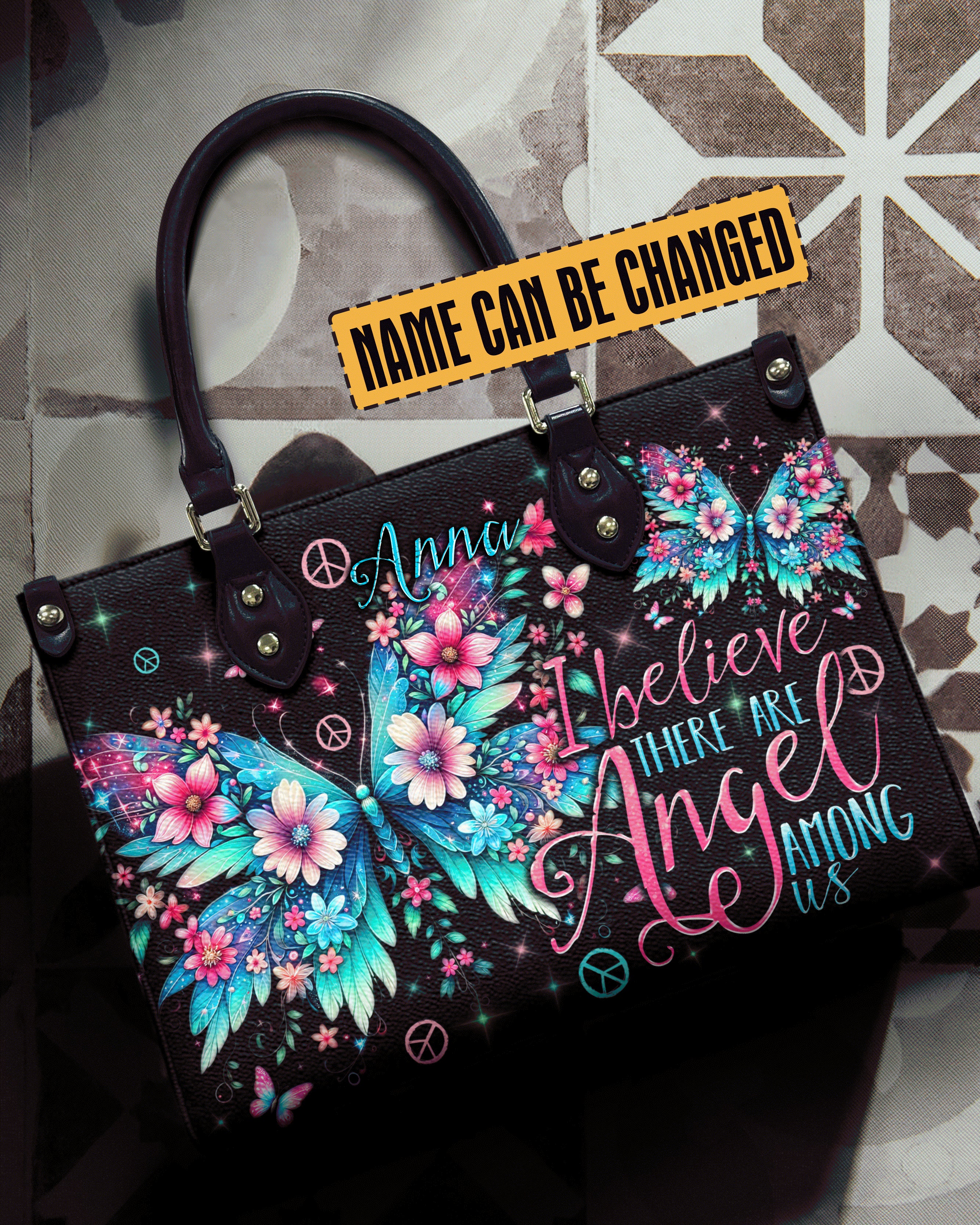 I Believe There Are Angels Among Us Floral Butterfly Inspirational Hippie Leather Bag _9_ 8aCIp