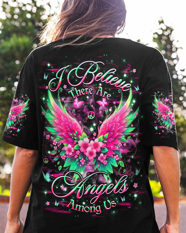 I Believe There Are Angels Among Us - Floral Wings Butterfly Graphic Tee for Women - AOP Shirts