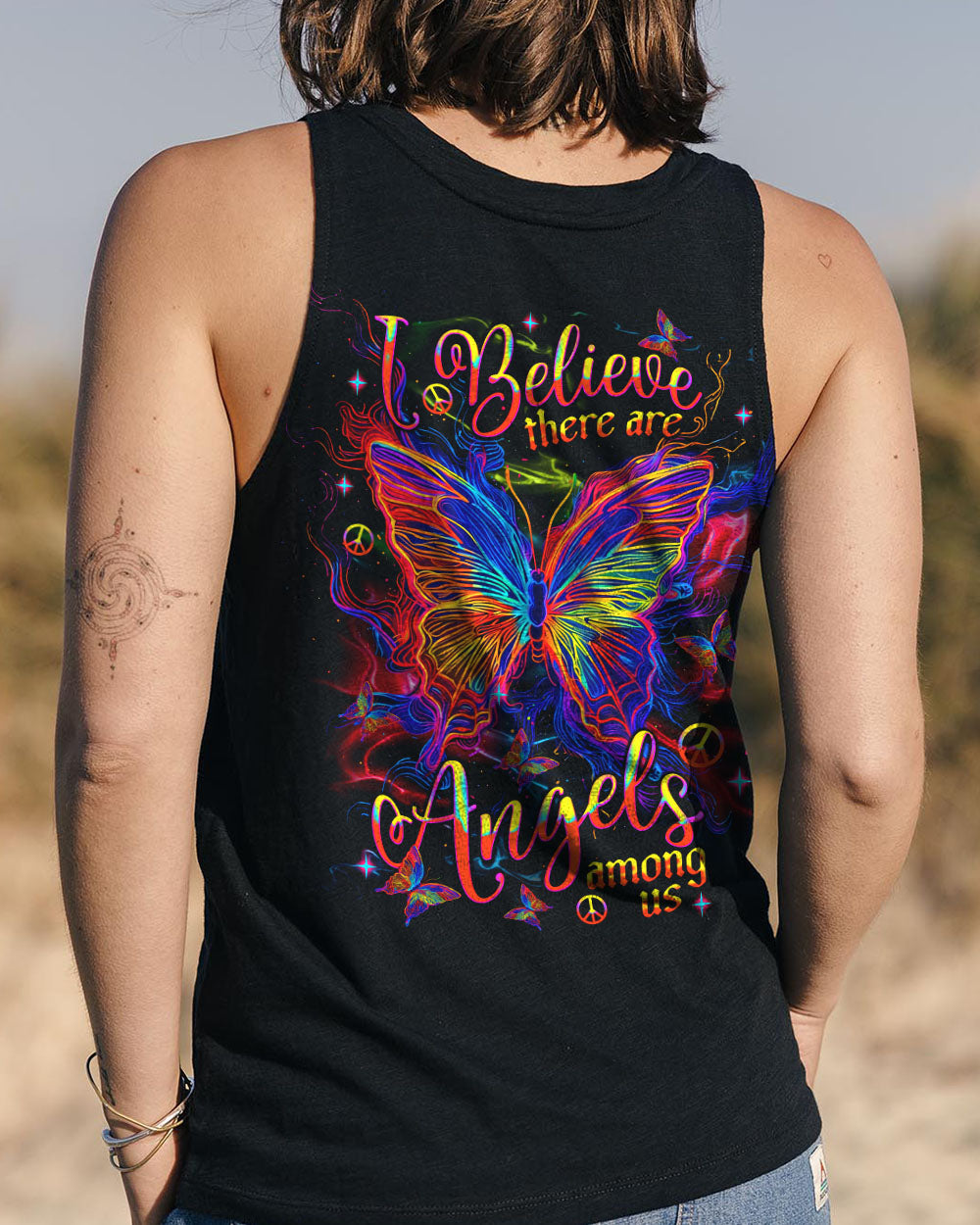 I Believe There Are Angels Among Us Neon Butterfly and Peace Graphic AOP Shirts _11_ EYT7v