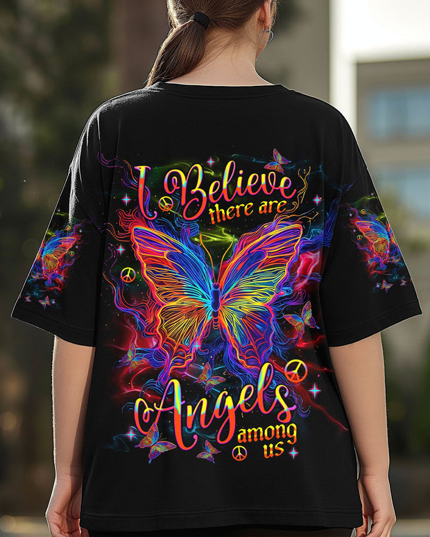 I Believe There Are Angels Among Us - Neon Butterfly and Peace Graphic - AOP Shirts