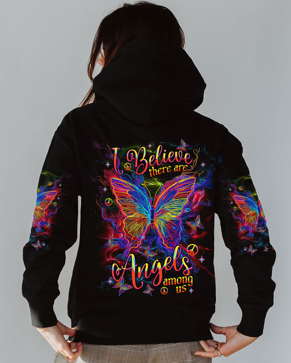 I Believe There Are Angels Among Us Neon Butterfly and Peace Graphic AOP Shirts _5_ 4Fy2o