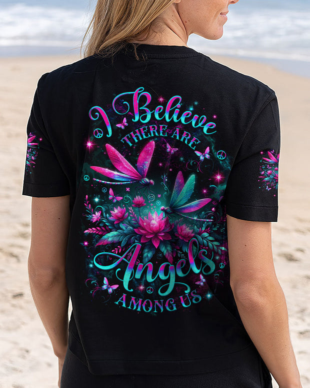 I Believe There Are Angels Among Us - Neon Dragonfly and Lotus Peaceful Nature - AOP Shirts