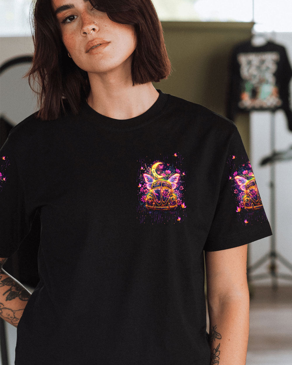 I Believe There Are Angels Among Us Neon VW Butterfly Hippie Van AOP Shirts _13_ eGkuh