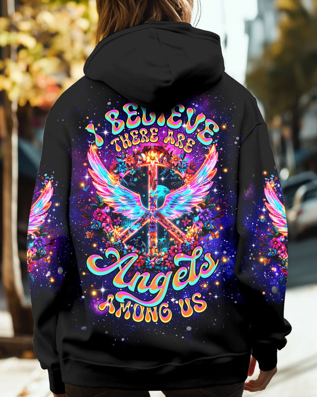 I Believe There Are Angels Among Us - Neon Wings and Peace Sign -AOP Shirts