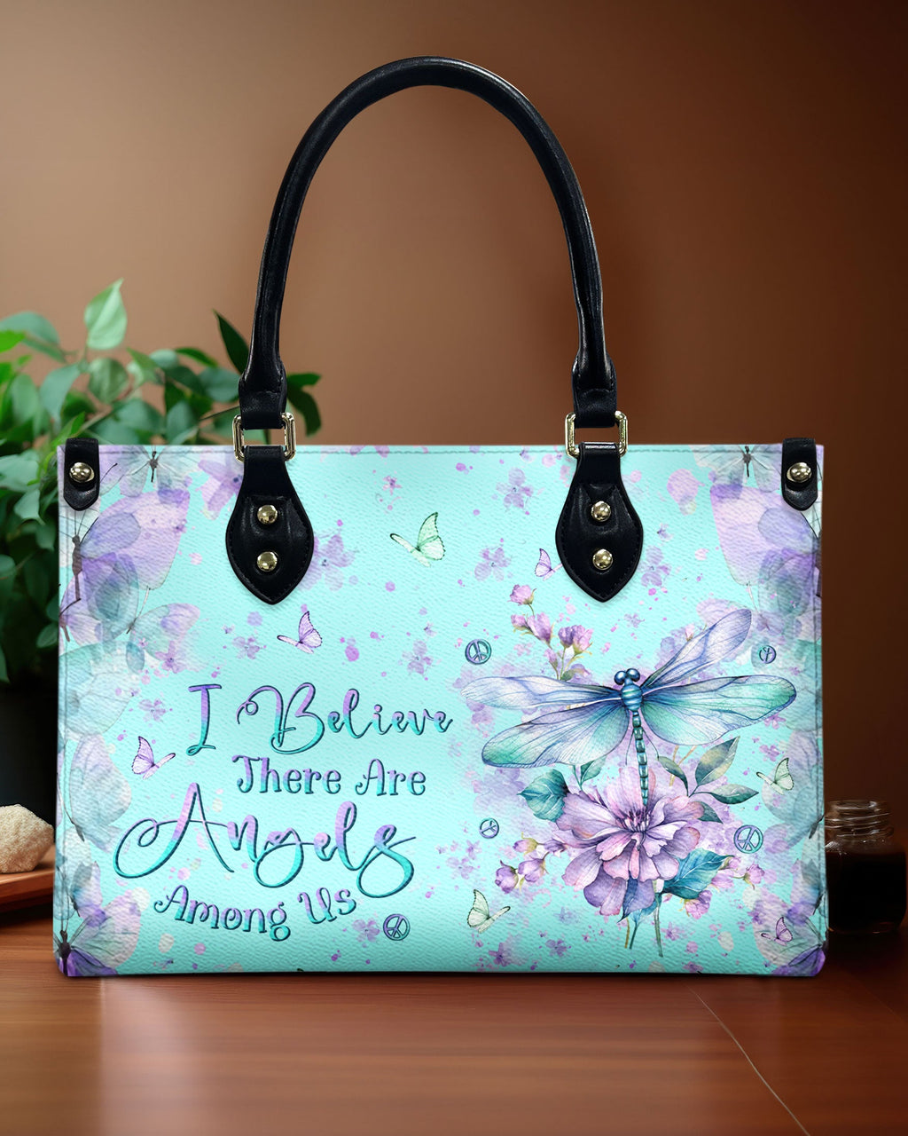 I Believe There Are Angels Among Us Pastel Dragonfly Floral Hippie Leather Bag _1_ SNPDE